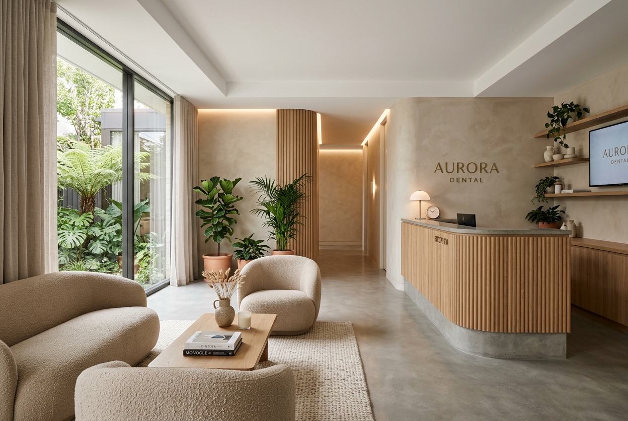 Ironic Teeth Club reception and waiting area with modern minimalist interior design