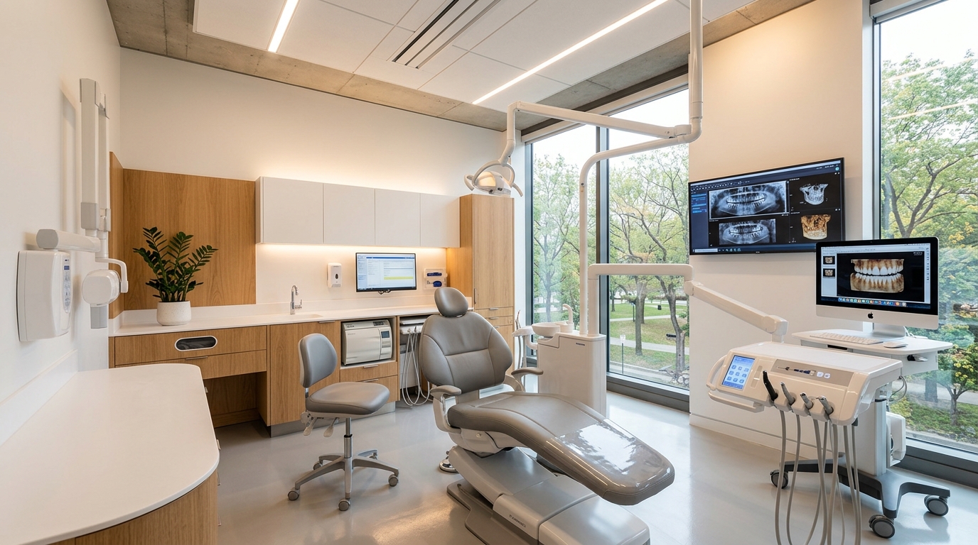Modern dental treatment room with digital imaging technology and contemporary equipment